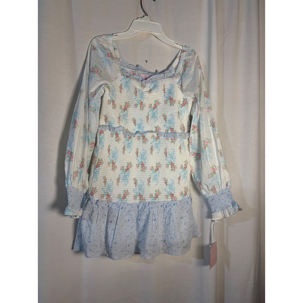 LoveShackFancy Target Girls Floral Smocked Long Sleeve Dress Blue White Size 14